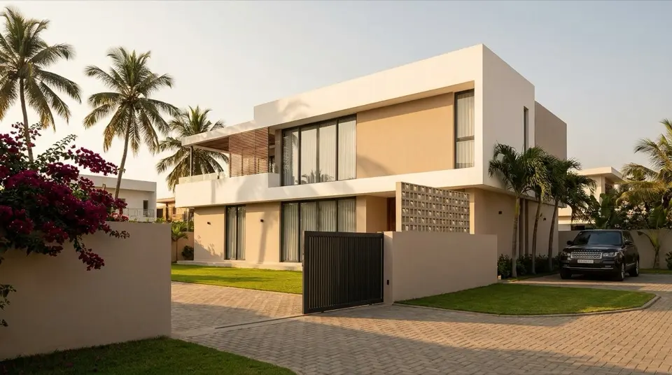 Villa contemporaine à Cotonou en fin de journée, façade claire, palmiers, bougainvillier et allée pavée